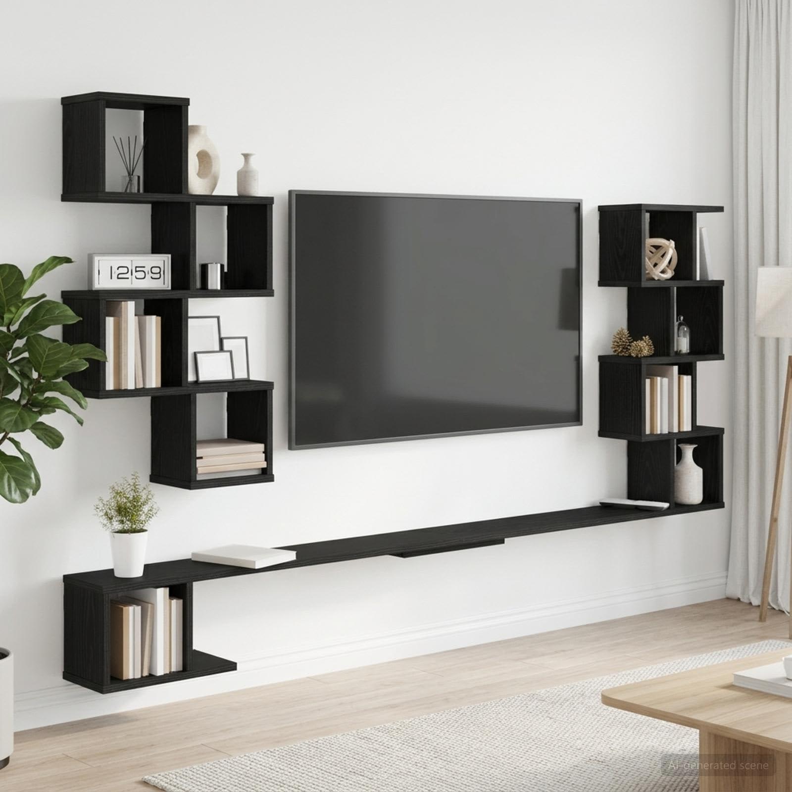 Mueble de TV montado en la pared roble negro 160 x 15 x 94 cm para salón, dormitorio, cocina y oficina con mucho espacio de almacenamiento, flotante, ahorra espacio, diseño de metal de madera