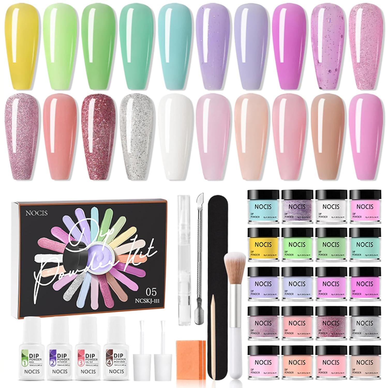 20 Colors Nail Dipping Powder Set Nail Art Dip Powder Starter Kit Fast-drying No UV/LED Nail Lamp Needed with Base Top Coat Activator Brush Saver for Home DIY Salon Nail Art