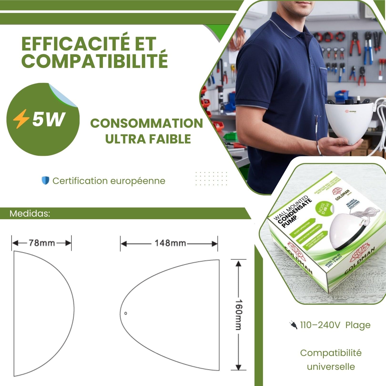 GOLDMAN SERVICE Pompe à condensats climatisation murale 20 m de levage | Pompe de vidange Split ultra silencieuse 17 dB | Système d'alarme intégré | 5 W basse consommation