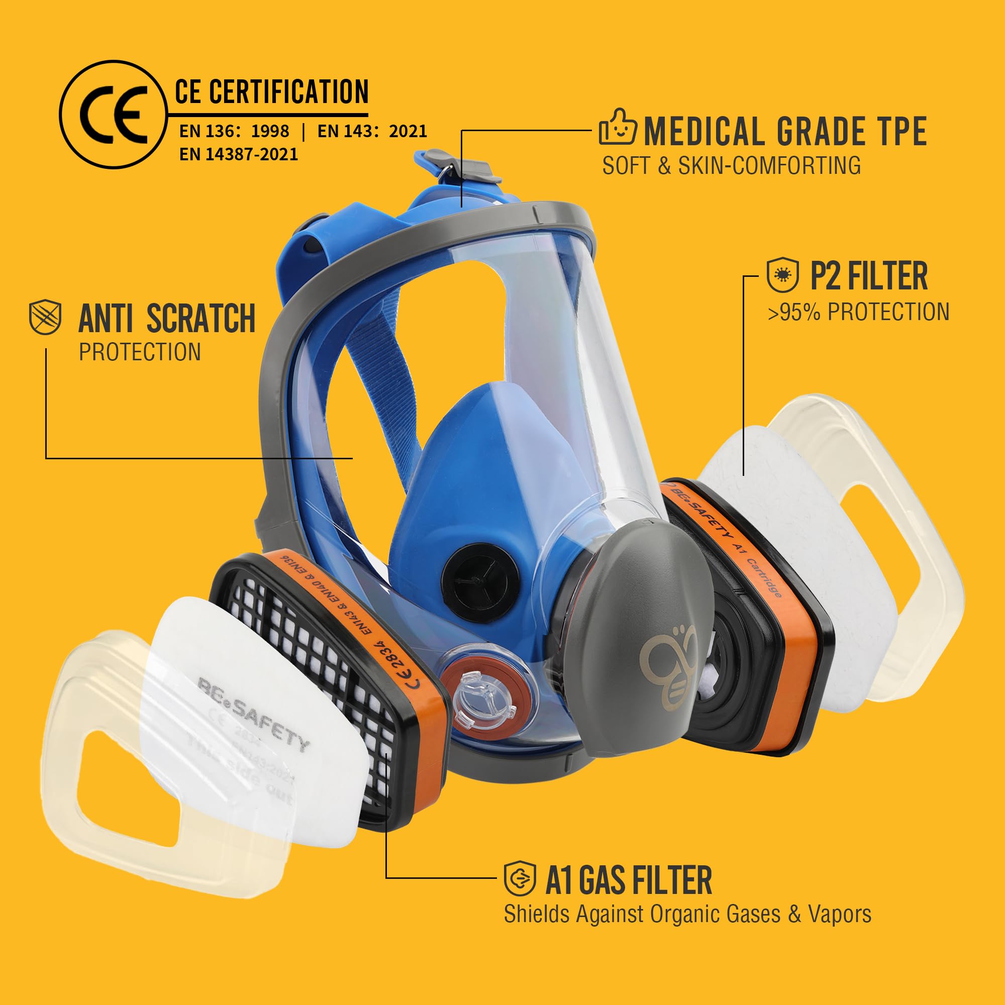 Vollmaske Atemschutzmaske,RF-610 Wiederverwendbarer Full Face Respirator mit 2× A1 Gasfiltern & 8× P2 Staubfiltern, für Lackieren, Schleifen, Sprühen, Chemikalien, Renovierung
