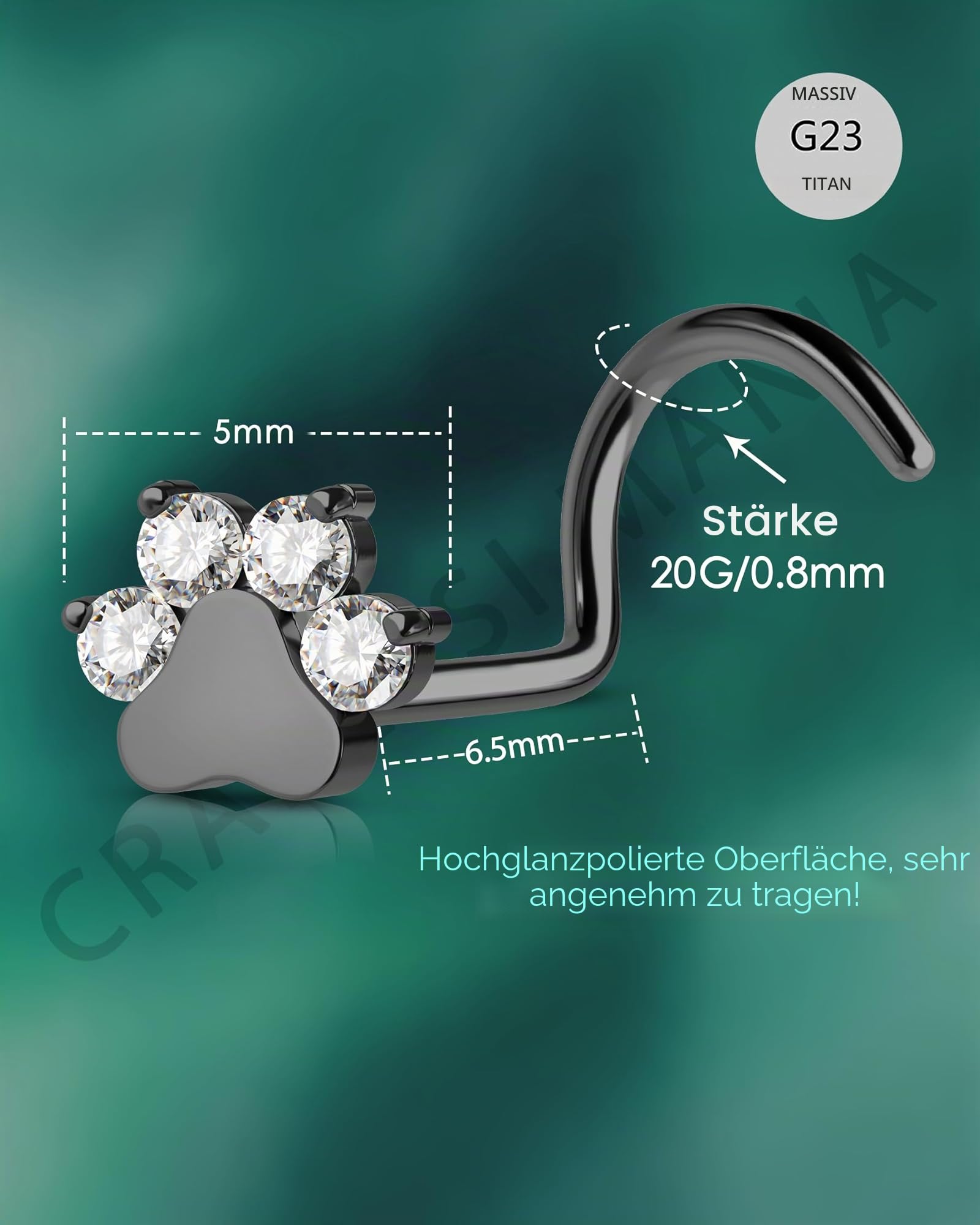 CM Crareesi Mania Nasenpiercing Ring G23 Titan Nasenring Silber Schwarz 20G Pfotenabdruck Nasenstecker S-förmig Nase Screw Nostril Piercing Schmuck Körper Piercing Schmuck