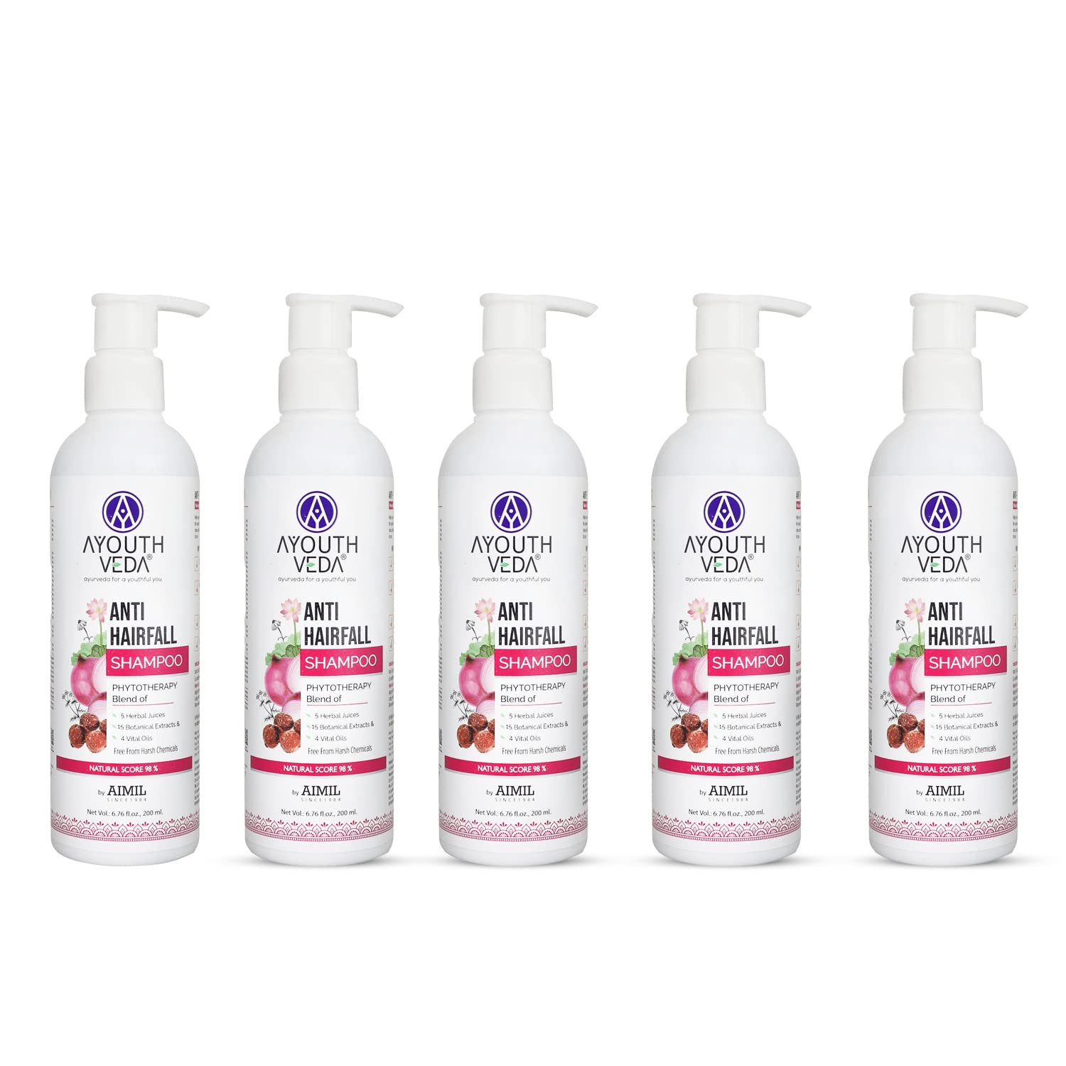Ayouthveda Anti-hairfall Shampoo | Salfate & Paraben Free | Prevents Dandruff & Itchi Scalp | Cleanse, Conditions & Purifies Hair & Scalp | Improve Hair Density & Texture (Pack Of 5-200ml each)