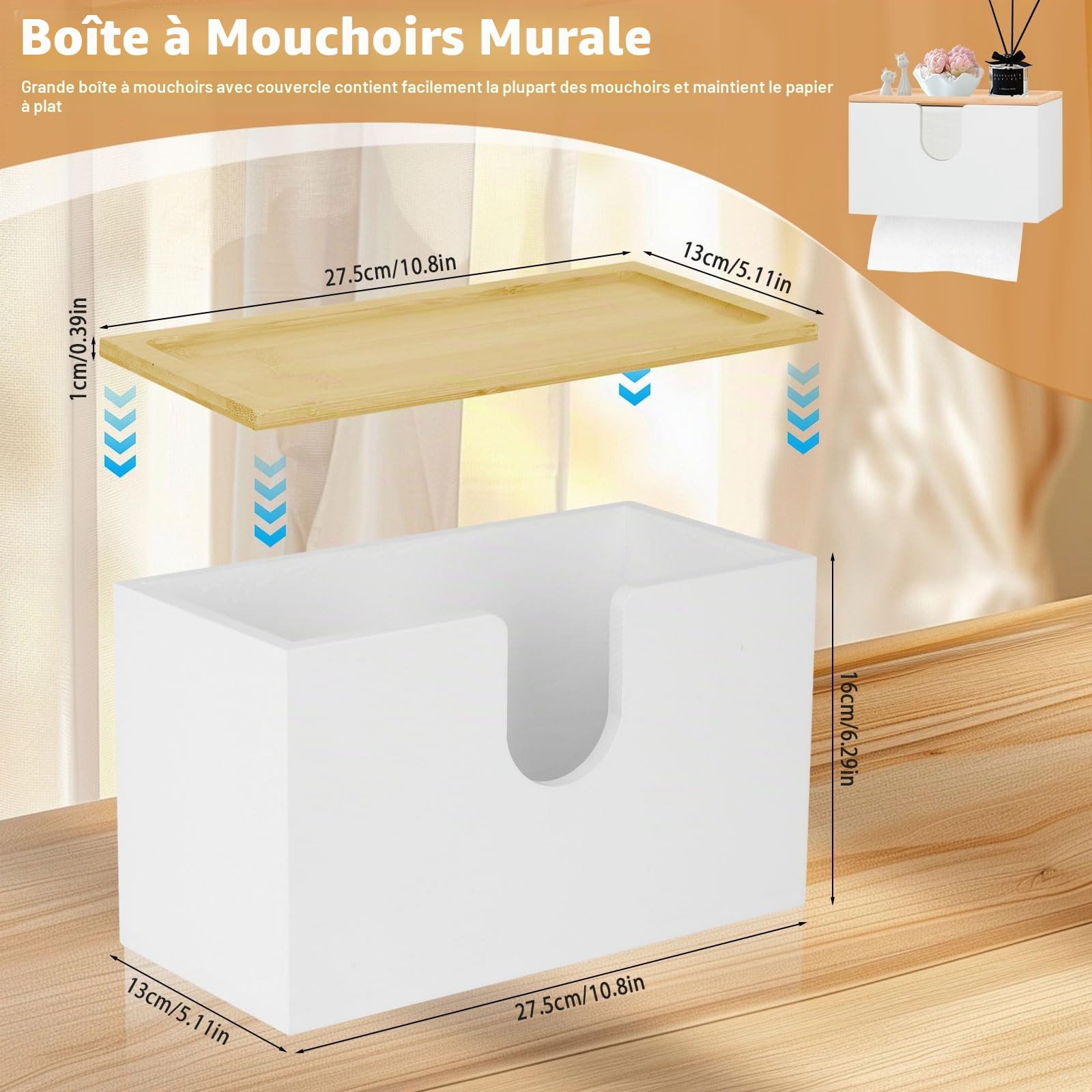 Distributeur de Serviettes en Papier Mural, 27,5 x 16 x 13cm Distributeur Essuie Main Mural en Bambou, Porte Serviette de Table Feuille à Feuille avec Couvercle pour Salon