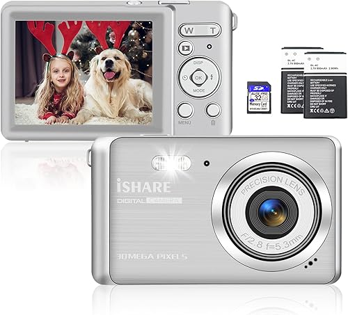 Cámara digital, cámara recargable de 30 MP para apuntar y disparar con tarjeta SD de 32 GB, zoom digital 18X, cámara compacta para niños, Cámara digital, cámara recargable de 30 MP para apuntar y disparar con tarjeta SD de 32 GB, zoom digital 18X, cámara compacta para niños,