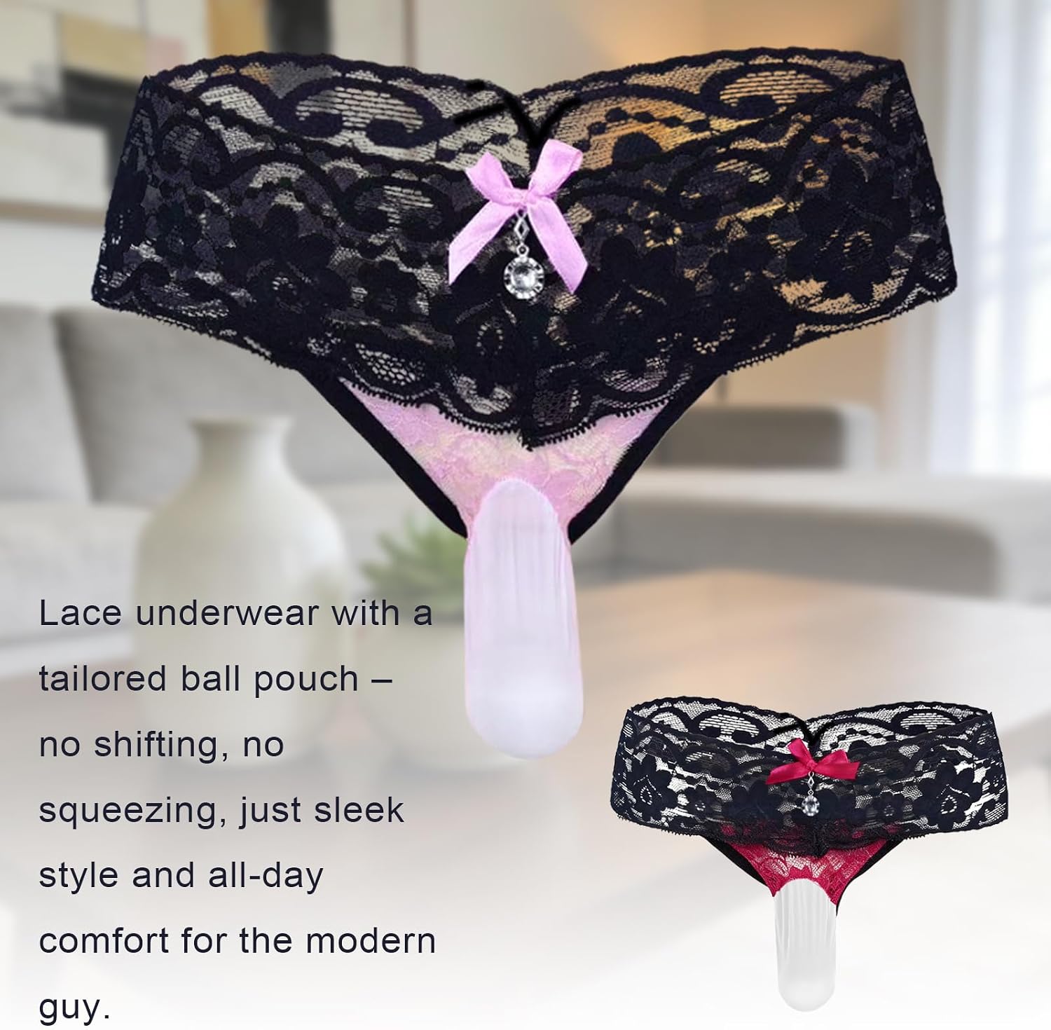Men’s Black Lace Thong Underwear with Pink Bow Pendant Low Rise Pouch Design Sheer Feminine Style Lingerie