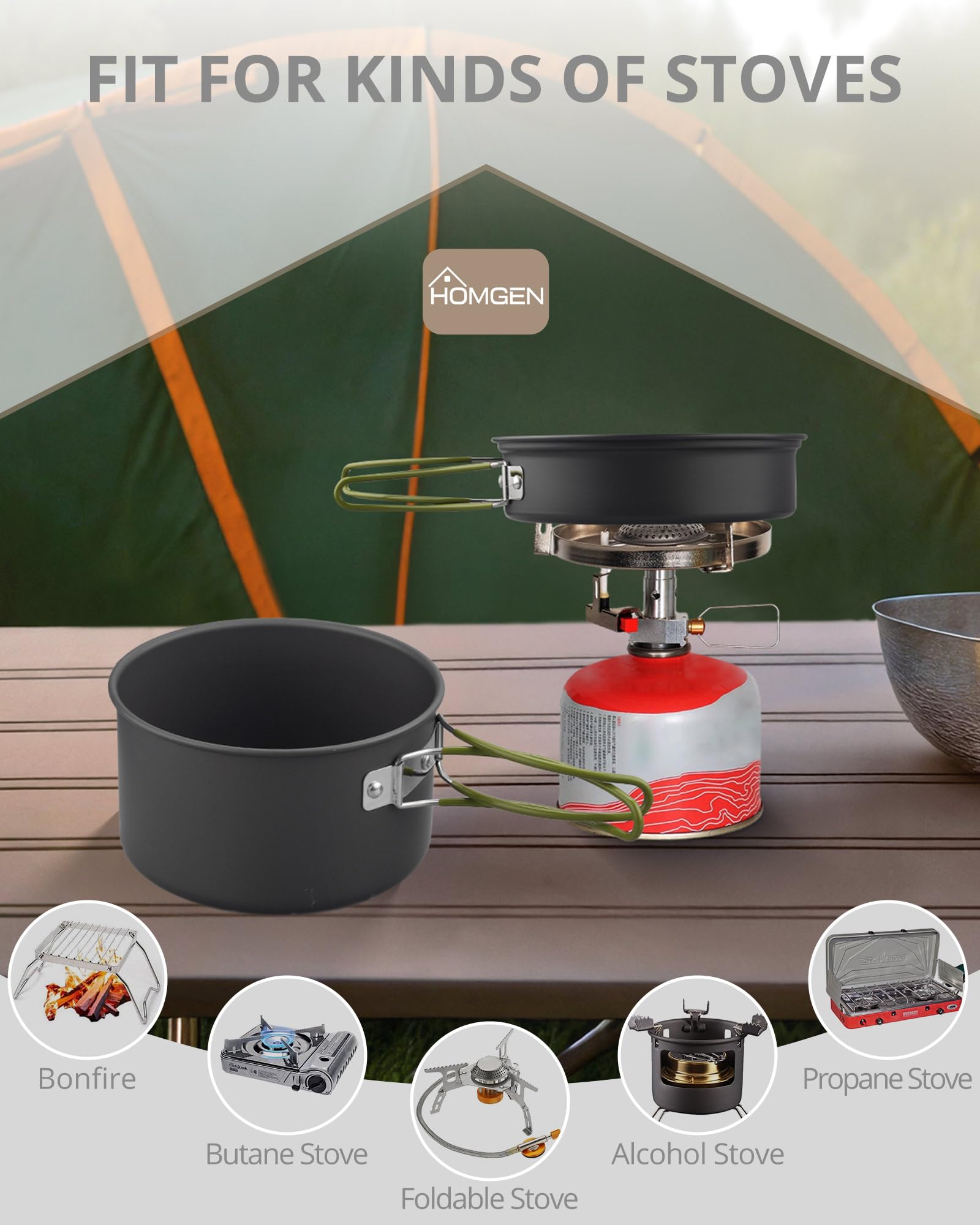 HOMGEN Set da cucina da campeggio Set di pentole e padelle da campeggio in alluminio Kit di pentole da campeggio portatile Kit di cottura leggero Attrezzatura da cucina da campeggio per 2-3 persone