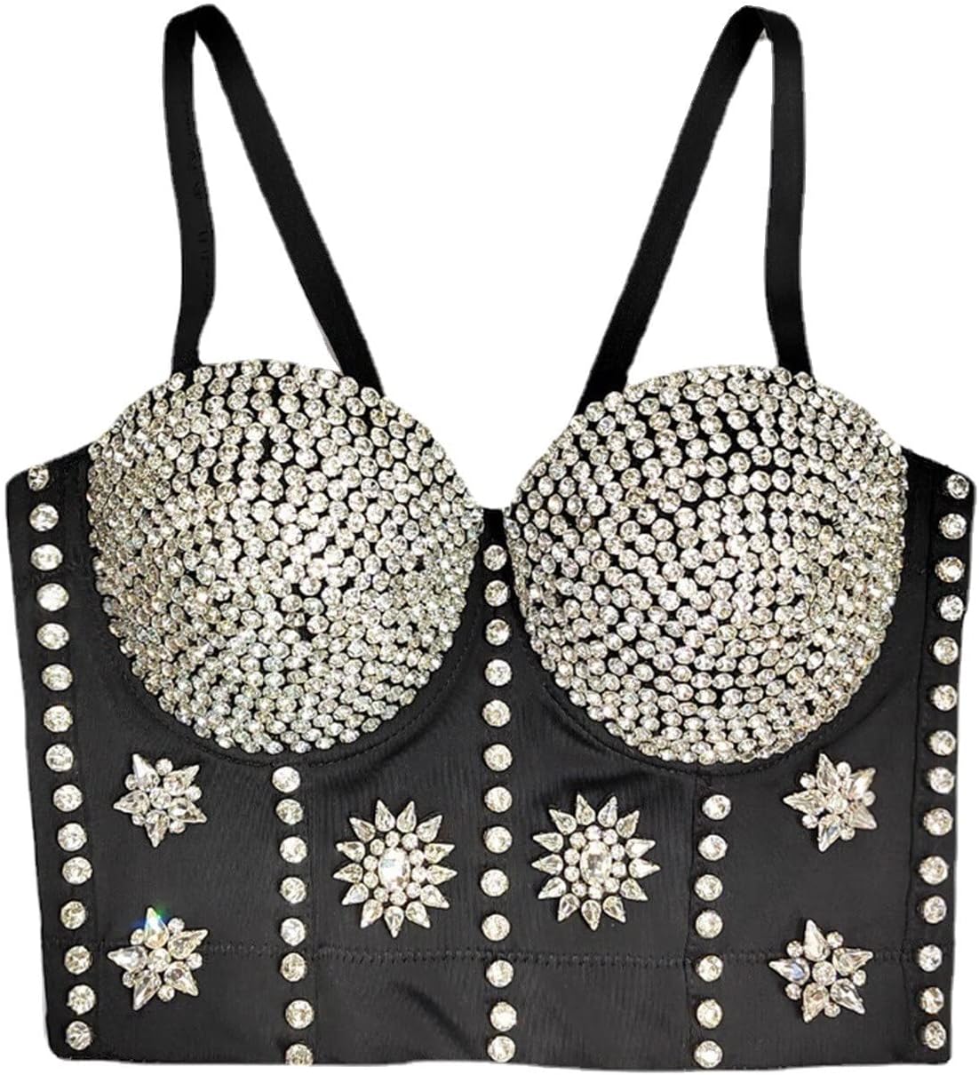 Rhinestone Corset Tops Women Mesh Push Up Bustier Bra Sexy Backless Nightclub Camisole Party Tank Top Costumes (Color : Black, Size : M(36B))