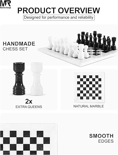 Miniatura 4 de Juego de ajedrez de mármol para adultos de 12 pulgadas, hecho a mano, blanco y negro, con 32 piezas de ajedrez, 2 reinas adicionales y caja de