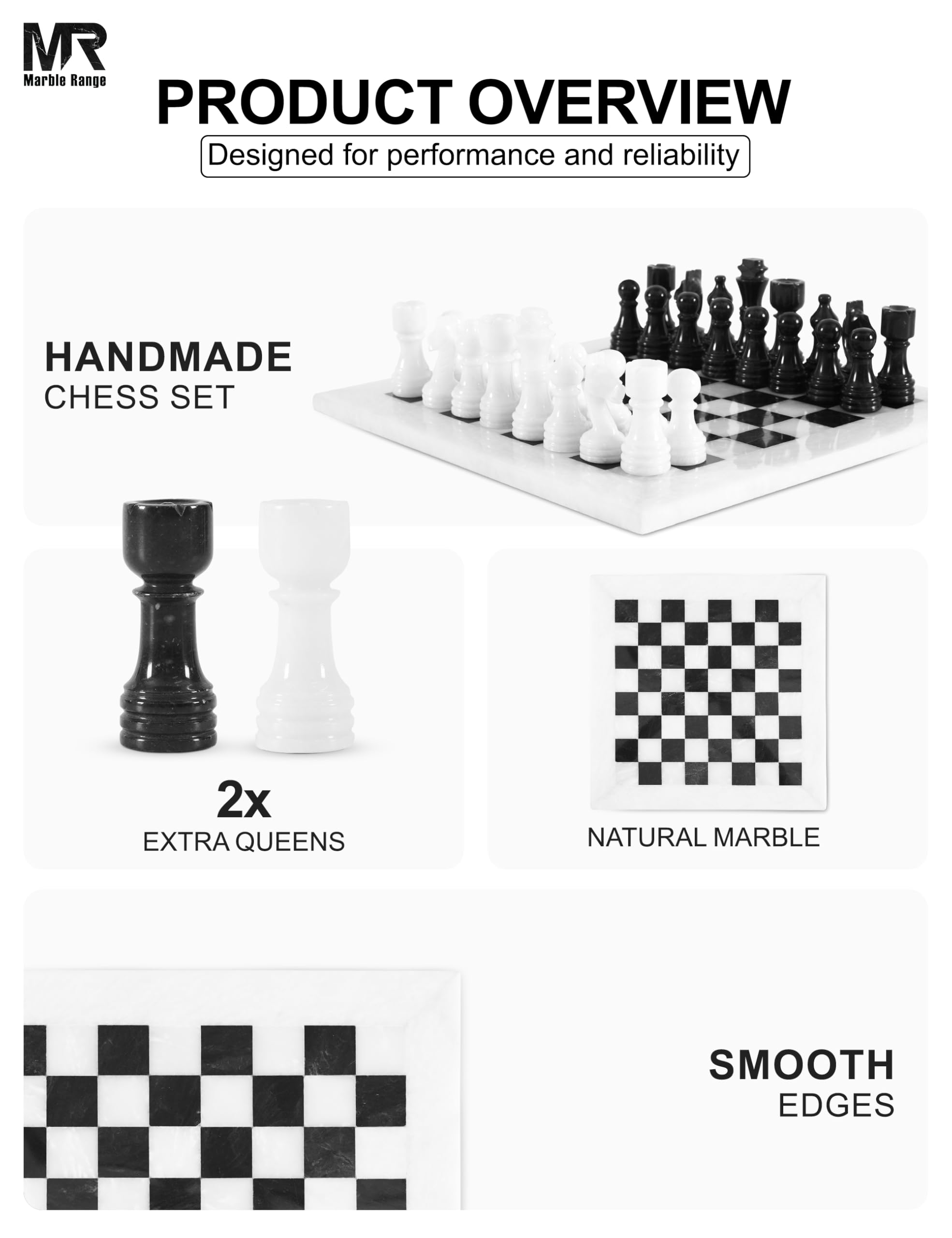 MARBLE RANGE Jeu d'échecs en marbre Fait Main de 12 inches avec boîte, pièces et 2 Dames. Élégant Jeu de Voyage pour Adultes, idéal comme Cadeau ou décoration d'intérieur