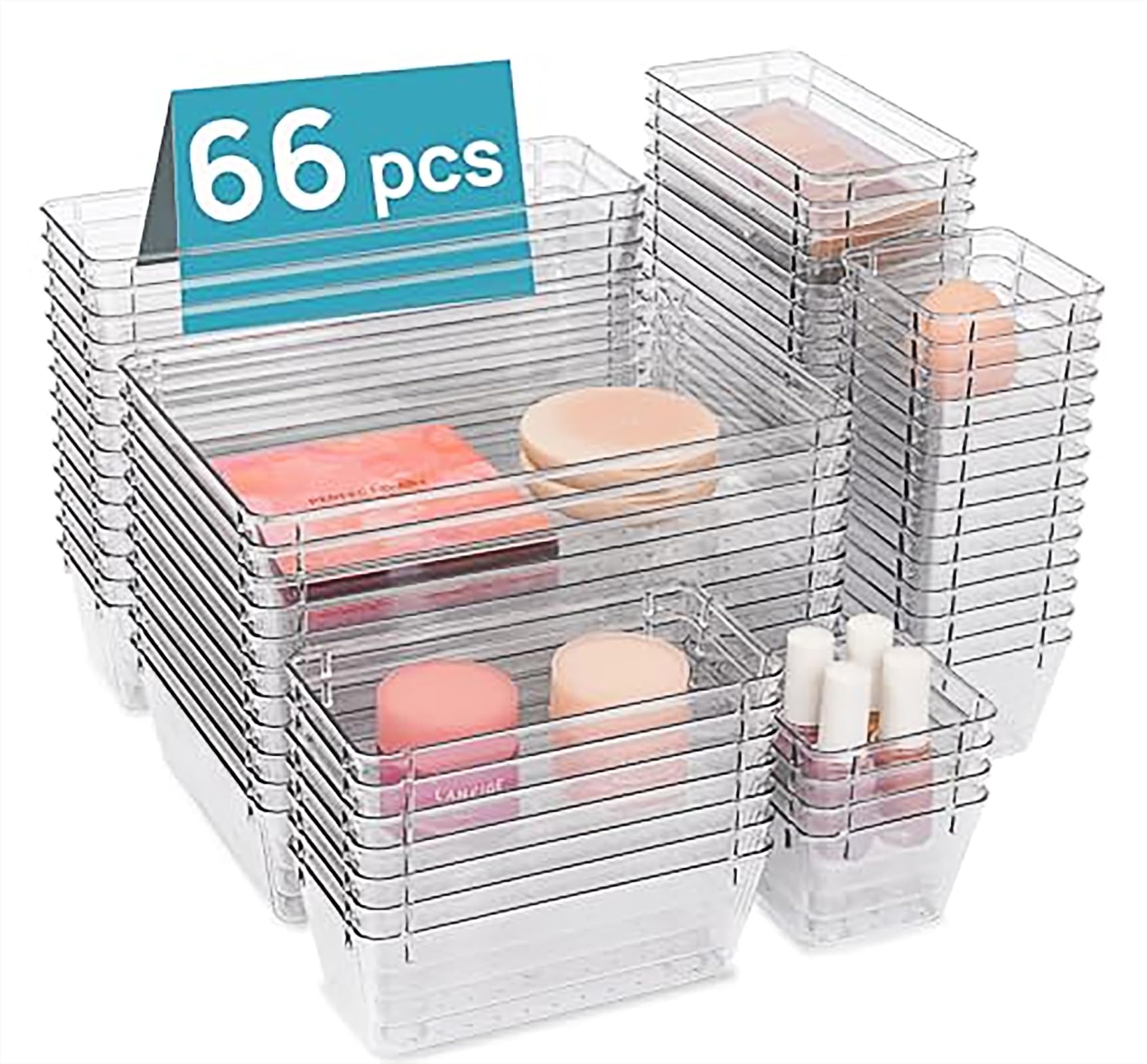 CLUHERTVY Organizador de Cajones de 66 Piezas en 4 Tamaños, Organizador de Plástico Transparente, Organizador de Baño, Organizador de Cosméticos, Se Puede Utilizar en Cocina, Oficina, Armario