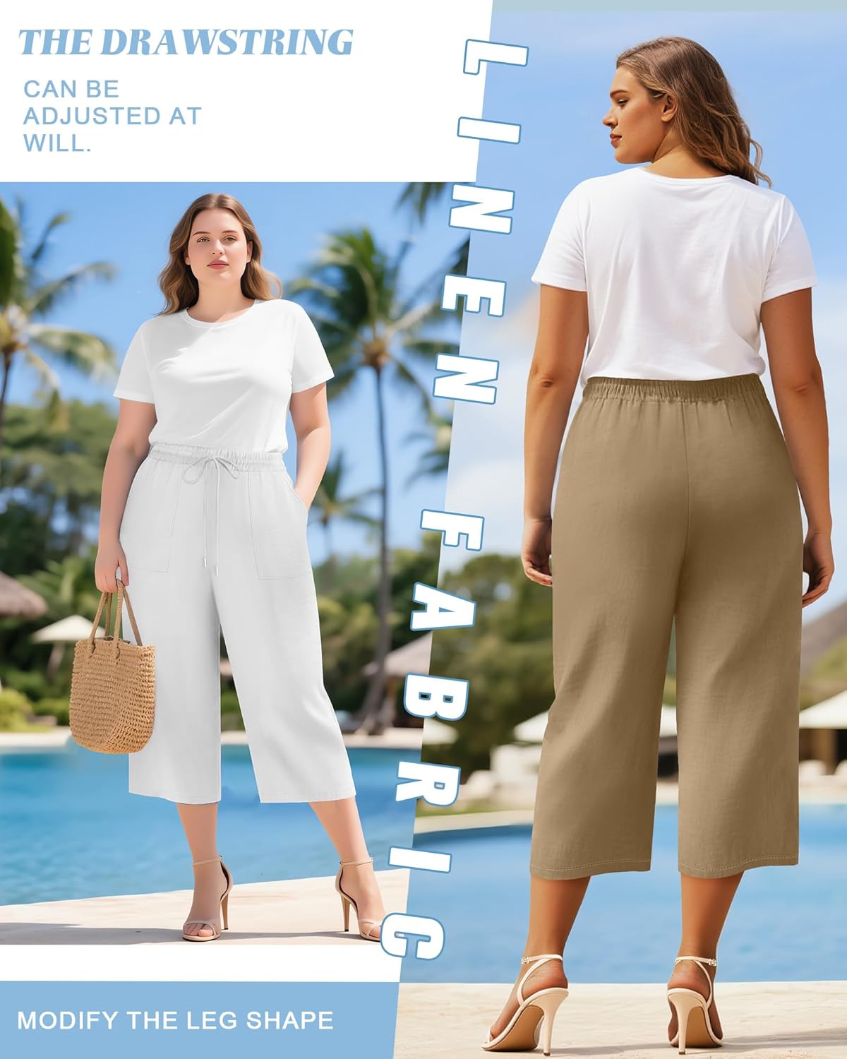 Riyiper 2 Pack Women's Plus Size Cotton Linen Blend Capri Pants, Wide Leg High Waist Casual Drawstring Trouser with Pockets