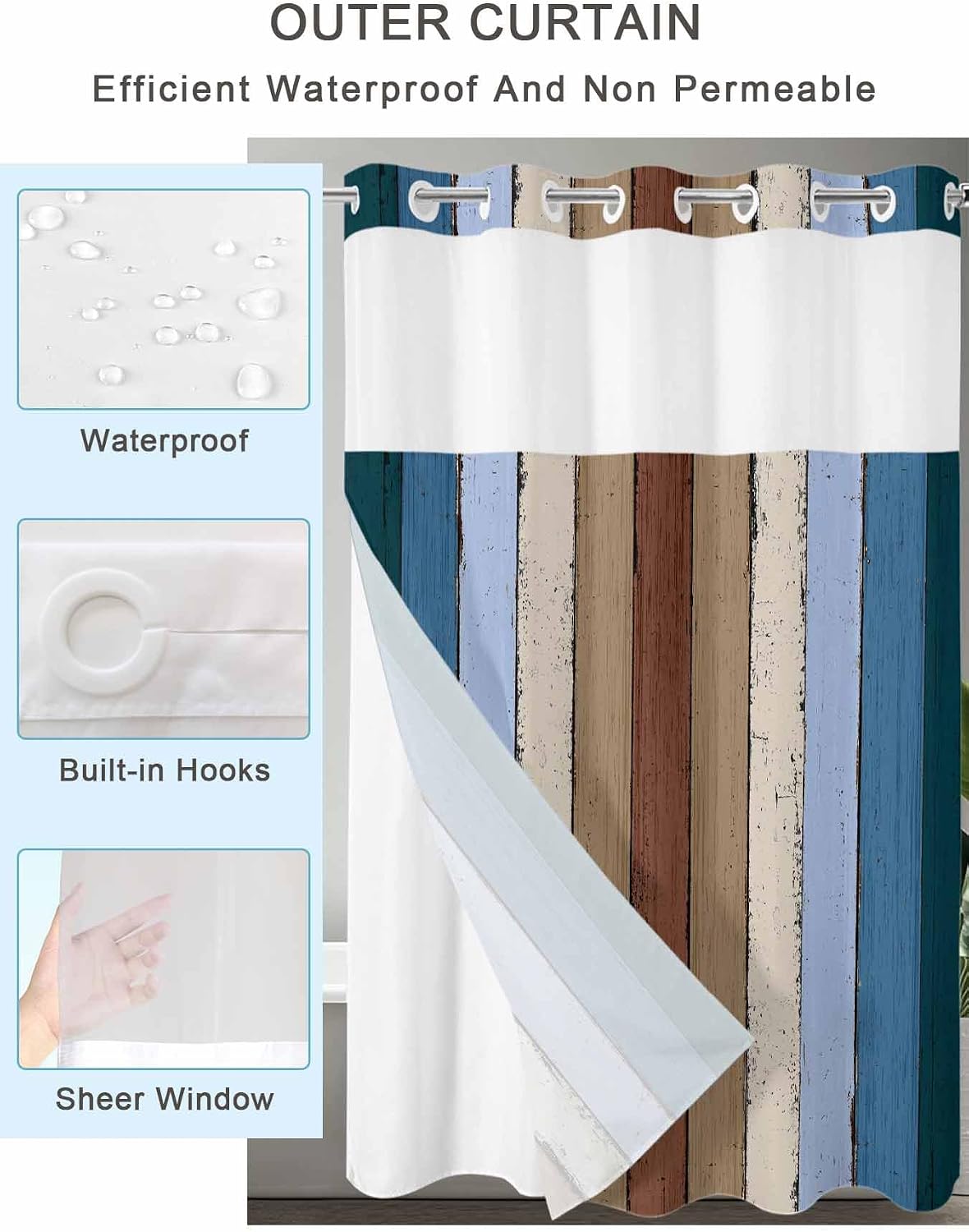 No Hook Shower Curtain and Snap in Liner Set, Navy Blue Brown Stripes Fabric Bathroom Shower Curtains 60x72, See Through Mesh Top Window, Farmhouse Country Retro Rustic Wood Hotel Style, Waterproof