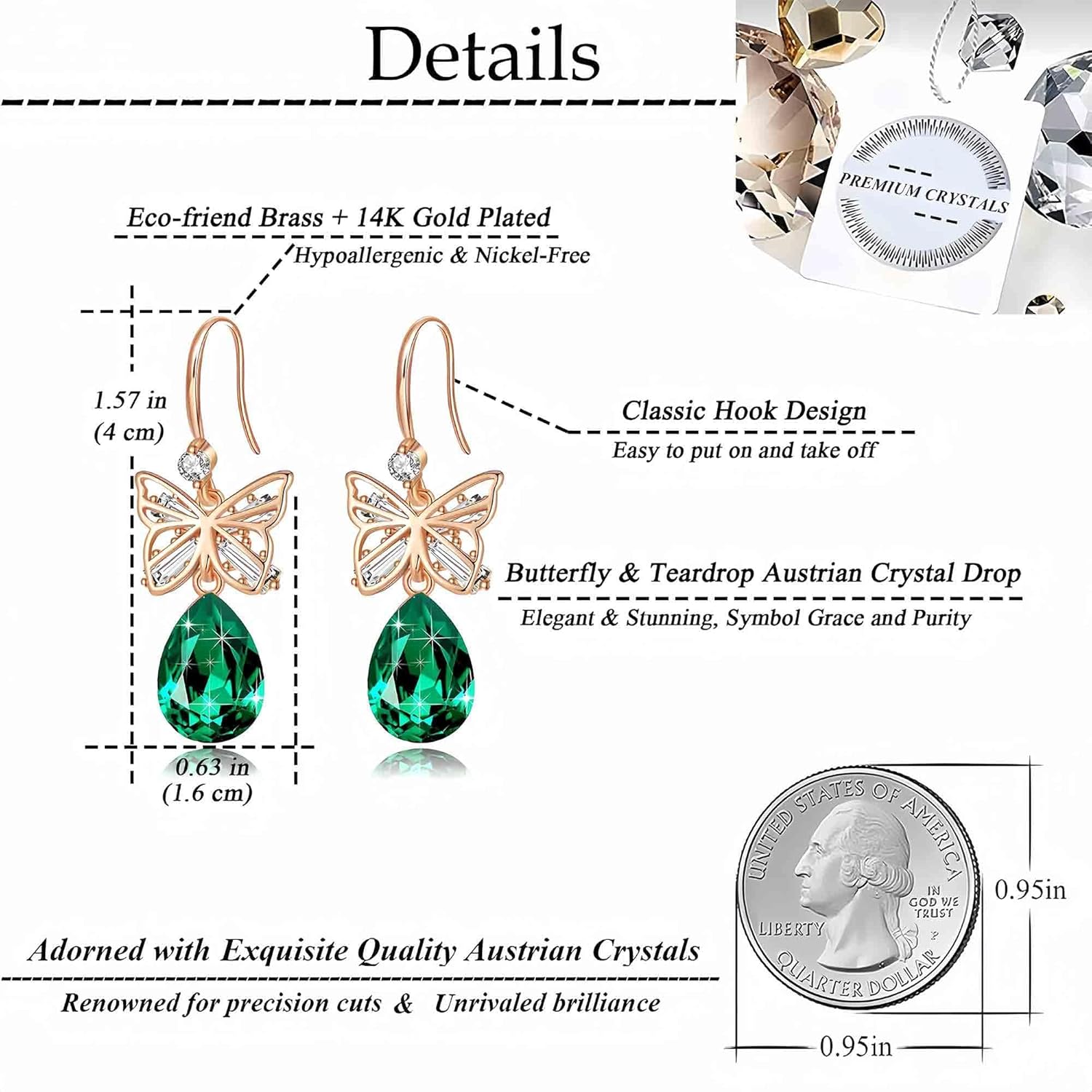 Austrian Crystal Teardrop Butterfly Drop Dangle Earrings for Women 14K Rose Gold Plated Hypoallergenic Jewelry - Image 4