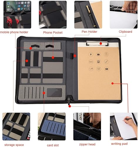 Miniatura 2 de Portafolio Portafolio con cremallera y portapapeles - Organizador de cuero para negocios - Portafolio con cremallera para mujeres y hombres (sin