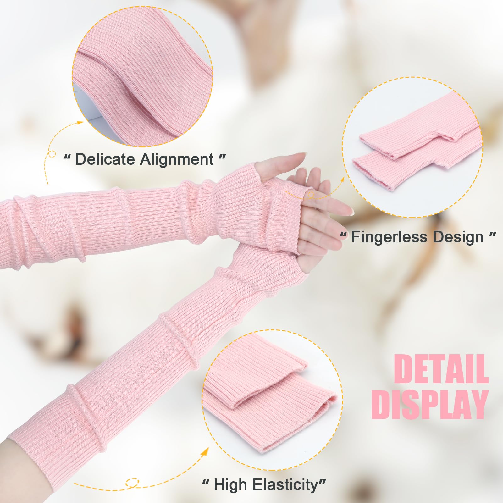 Winter Fingerless Long Gloves for Women Cashmere Blended Knitted Arm Warmers Super Soft Black Arm Sleeves: 50cm/19.7in Pink