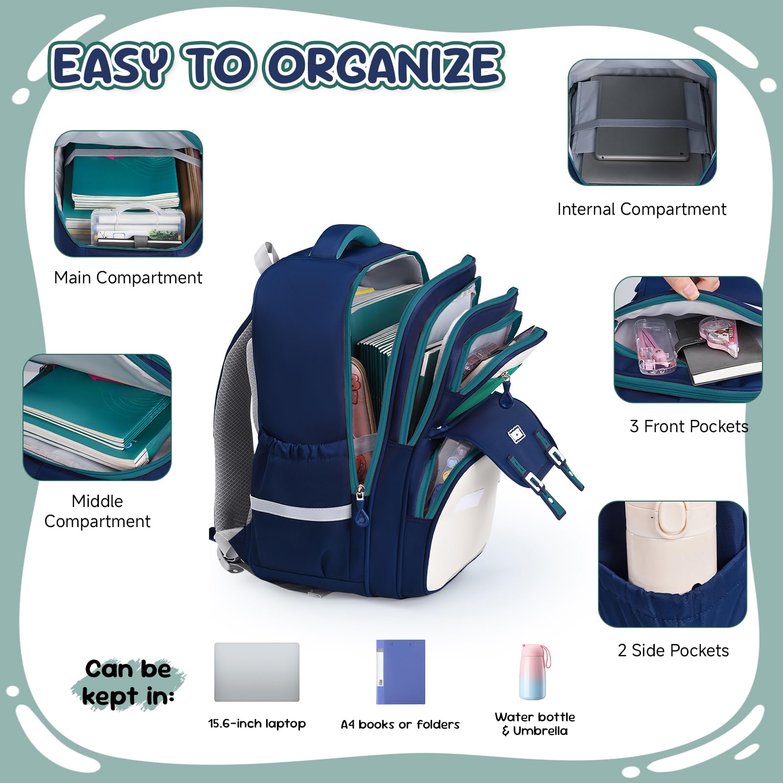 Amythe Schulrucksack Jungen 1. - 5. Klasse mit Reflektierend für Schule | Ergonomisch Schulranzen Lässiger Schultasche mit Brustgurt, Wasserdicht - Blau