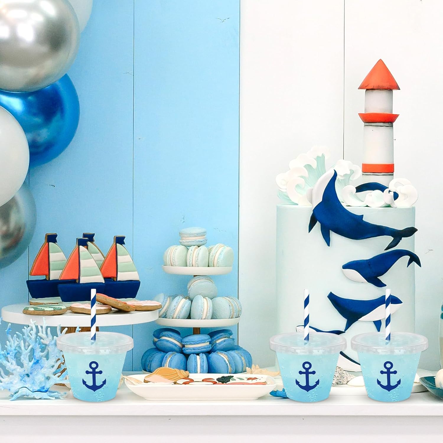 Whaline 100Pcs 9Oz Nautical Disposable Plastic Cups with Lids and Straws Blue Anchor Cold Beverage Drinking Cups for Iced Coffee Smooth Juice Tea Milkshake