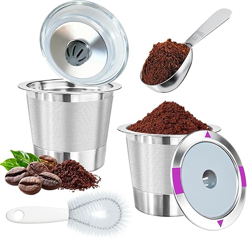 Paquete de 2 tazas K reutilizables para Keurig de una sola punta, repuesto de filtro Keurig de acero inoxidable 304 con cuchara y cepillo, cápsulas