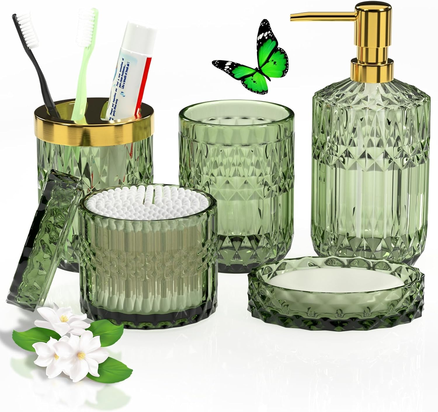 Amazon.com: Green Bathroom Accessories Set, 5 Pcs Clear Glass Bathroom ...