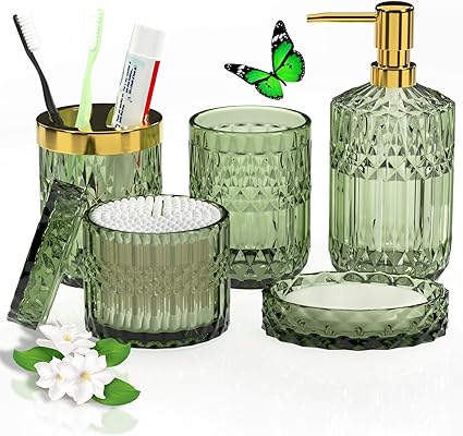 Amazon.com: Green Bathroom Accessories Set, 5 Pcs Clear Glass Bathroom ...