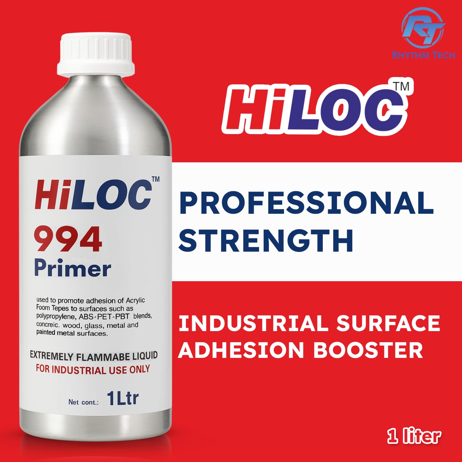 HiLOC 994 Acrylic Tape Primer, 1 Ltr, For Polypropylene, ABS, Metals, Concrete, Wood, Glass, & Painted Metal Surfaces, Flammable Liquid With Screw-Top Lid 3
