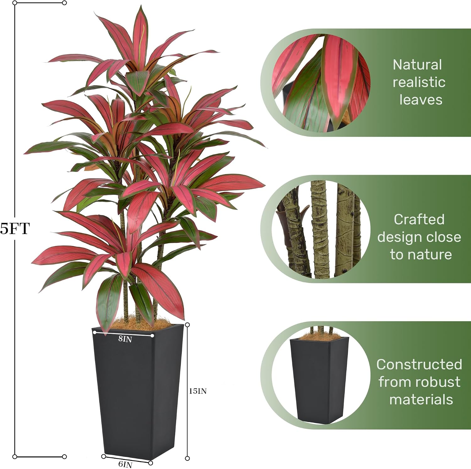 Artificial Dracaena Tree 5ft(60in) Faux Silk Tree with Tall Black Planter, Fake Floor Potted Artificial Plants for Home Office Living Room Indoor Outdoor Decor (5feet,1Pack)