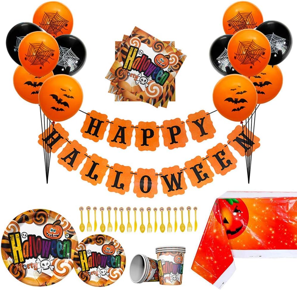 Fadesun Halloween Party Supplies and Decorations Latex Balloons Disposable Tableware Set Disposable Dinner Plates,Cake Plates,Cups,Napkins,Cake Cutter,Knives,Forks,Tablecloth,Happy Halloween Banner,91pcs