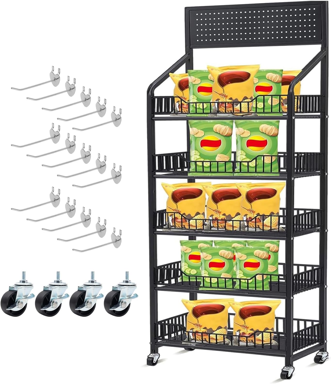 DoubleFill 1 Set 65" 5 Tier Snack Rack Display Stand with 4 Wheels & 15 Hooks, Heavy-Duty Metal Retail Shelf Cart for Chip, Candy, Black Display Organizer Concession Stand for Supermarket Store Home