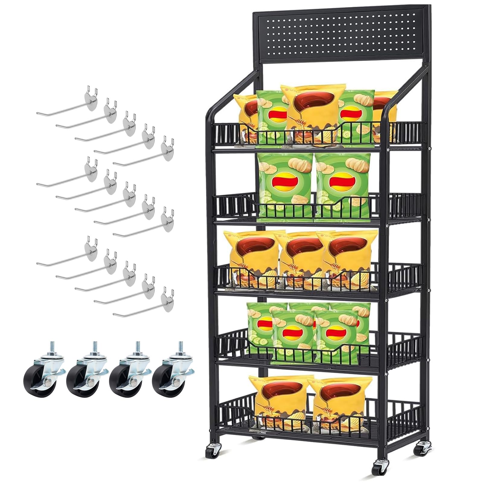 1 Set 65" 5 Tier Snack Rack Display Stand with 4 Wheels & 15 Hooks, Heavy-Duty Metal Retail Shelf Cart for Chip, Candy, Black Display Organizer Concession Stand for Supermarket Store Home