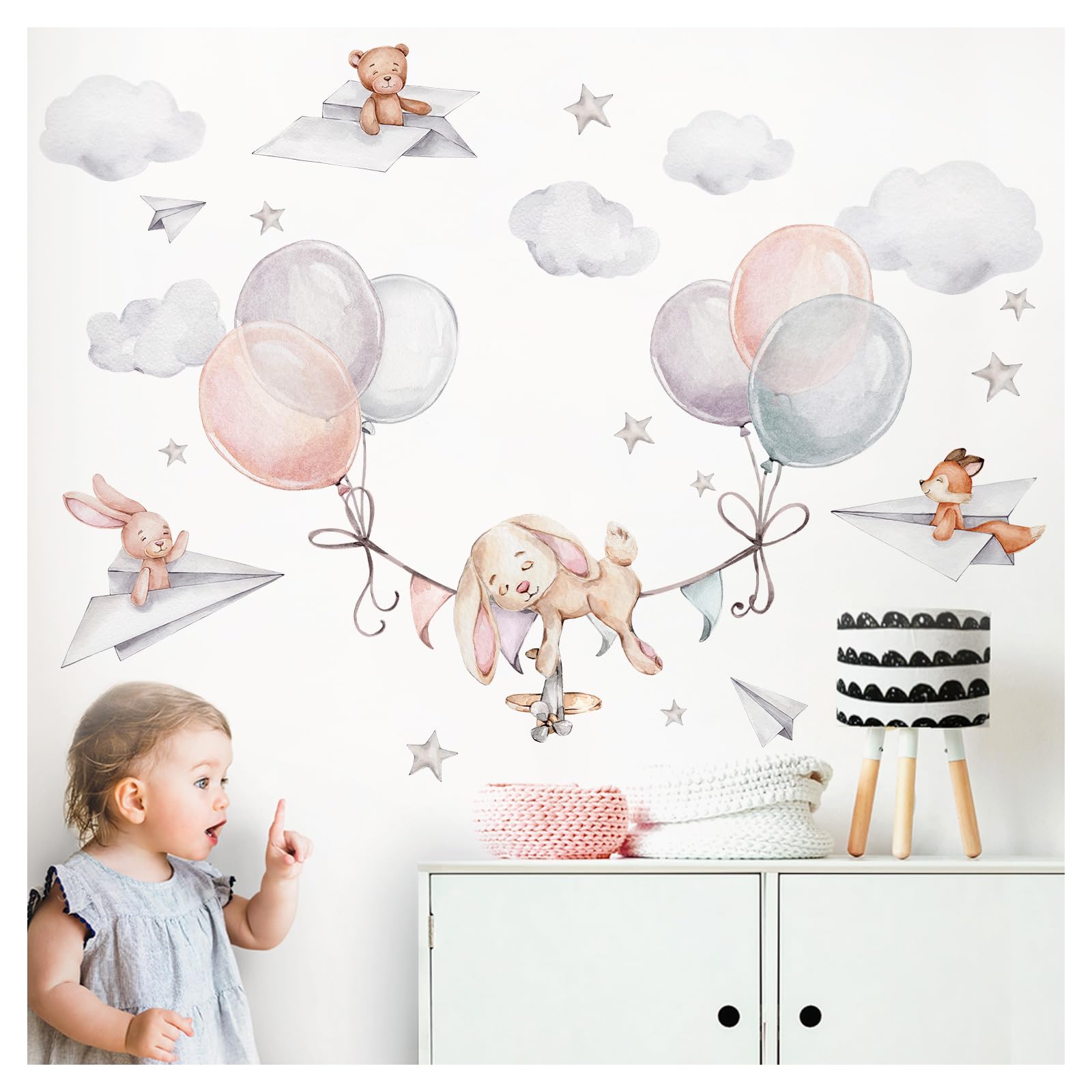 Little Deco Hase mit Luftballons Wandsticker Tiere Babyzimmer Wandtattoo für Kinderzimmer Wandaufkleber selbstklebend Deko DL846-4