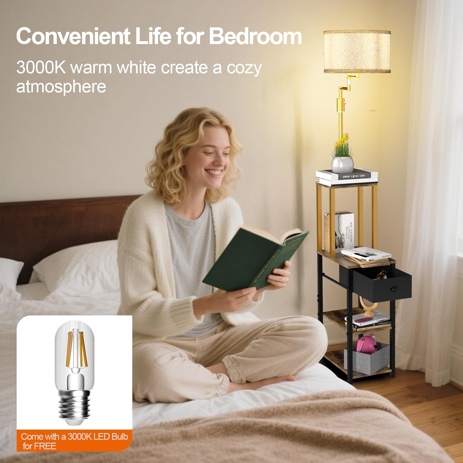 Lightdot Floor Lamp with Shelves&Drawer, Modern Standing Lamp with 350° Adjustable Lamp Head, Fabric Shade& Bulb Included, Display Corner Floor Lamp for Living Room/Sofa Beside/Corner Decor