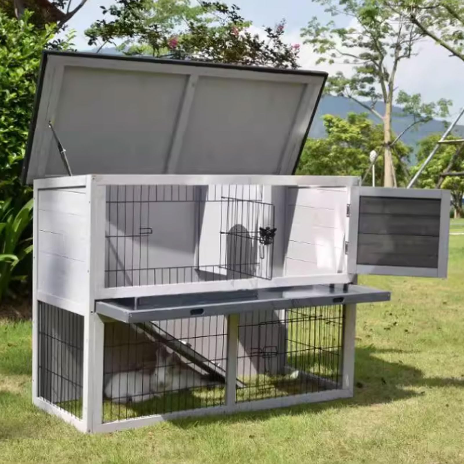 Gallinero para uso en exteriores con escaleras y bandeja extraíble, construcción de madera maciza, corral grande con techo y diseño de múltiples puertas
