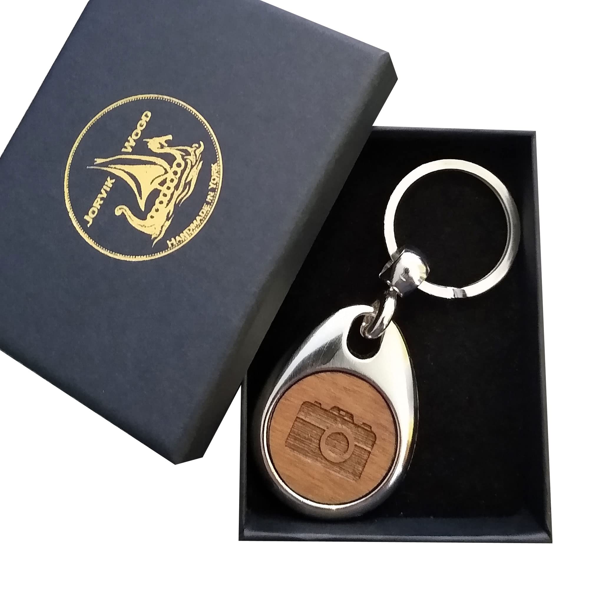 Jorvik Wood Camera Design Wooden Keyring with Gift Box