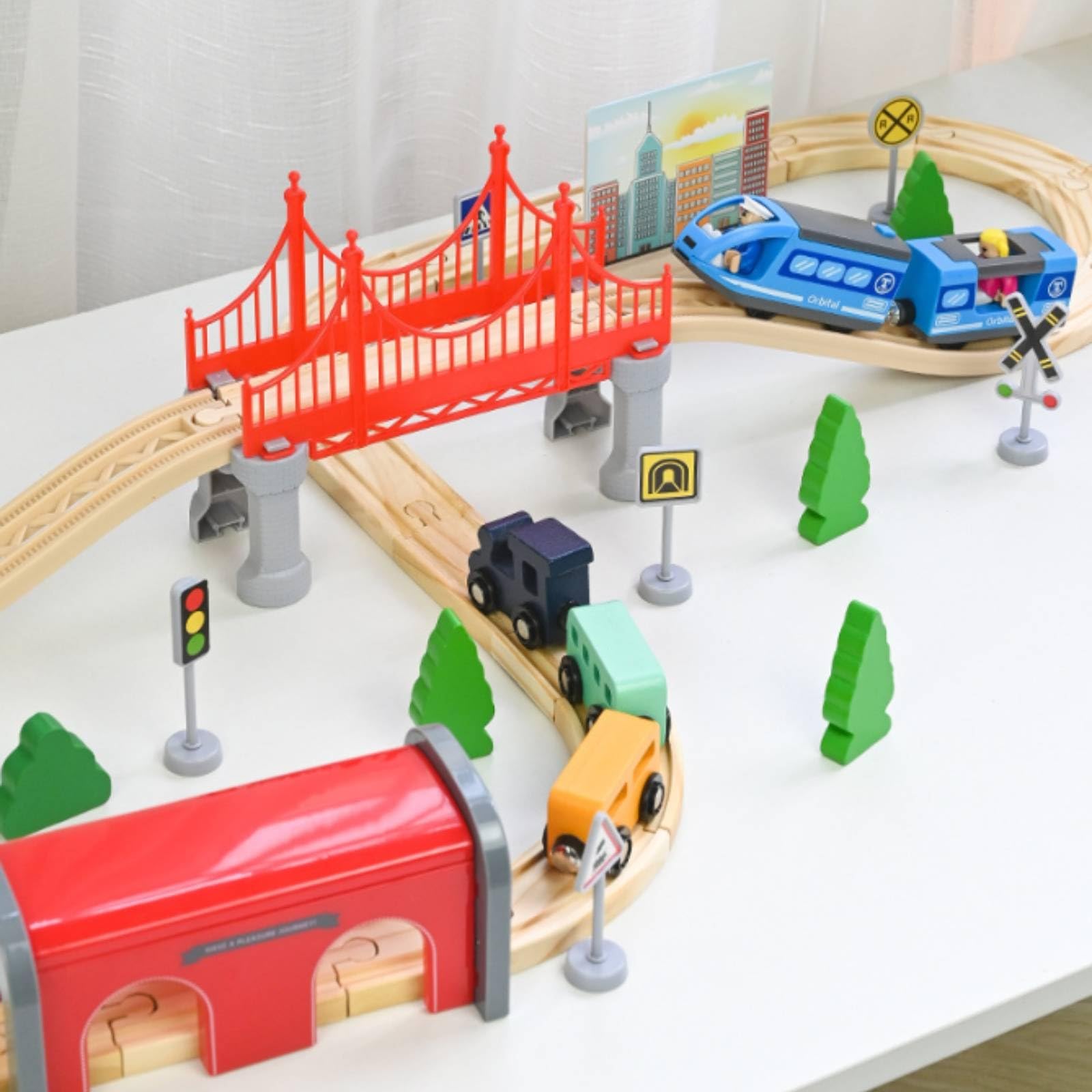 Pista Tren Madera Encajable Vías Encajables Madera Árboles y Señales Accesorio vía Tren