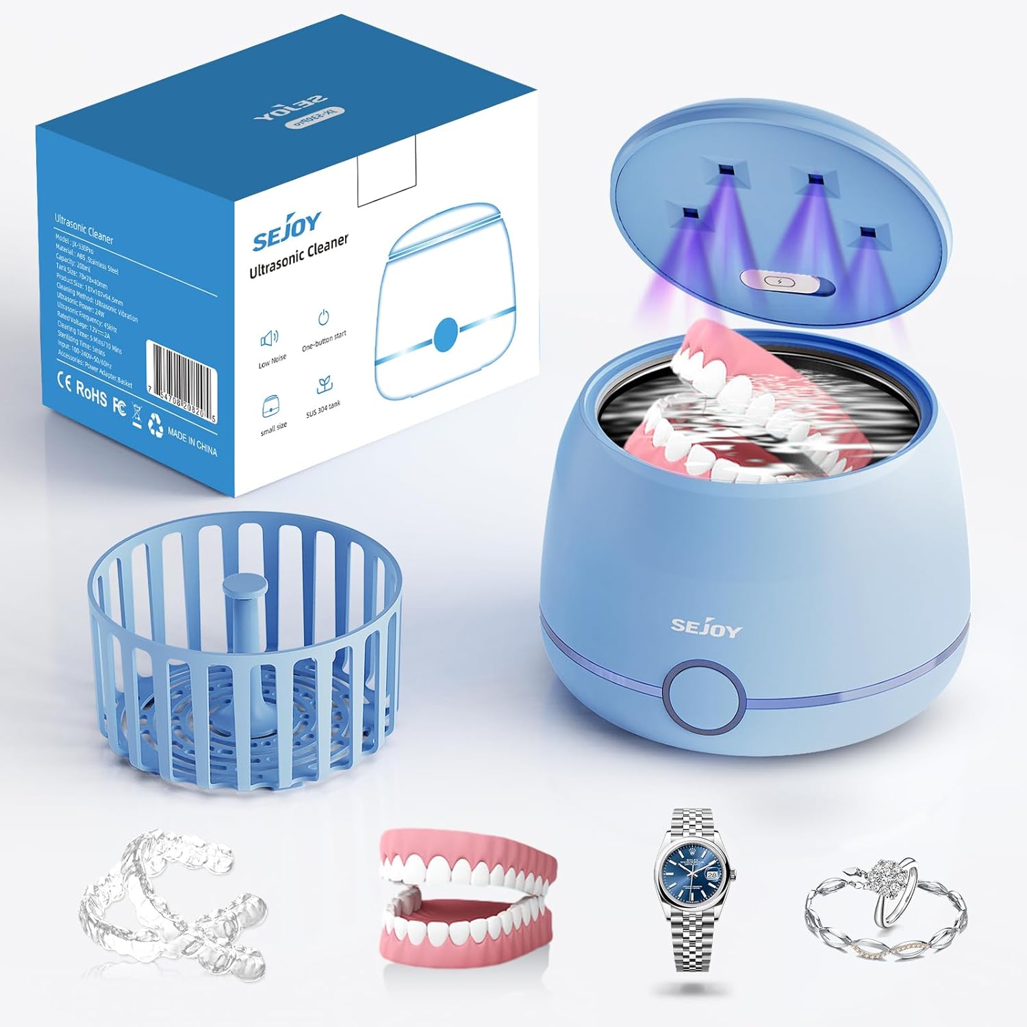 SEJOY Ultrasonic Cleaner, 45kHz High Frequency, 304 Stainless Steel for Dental Appliances, Jewelry, Watches, 200ml Tank Capacity, Blue