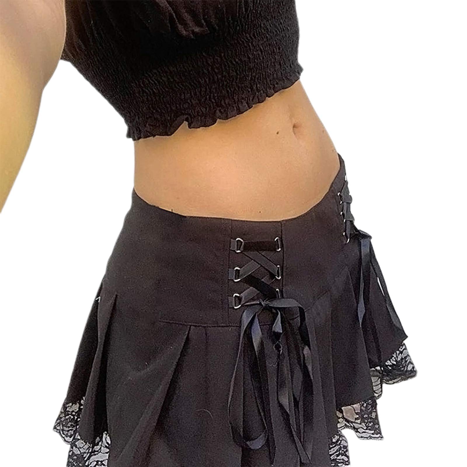 Women Lace Patchwork Mini Pleated Skirts High Waist Lace Up Ruffle Short Skirts Harajuku Goth Skirt: Large Black