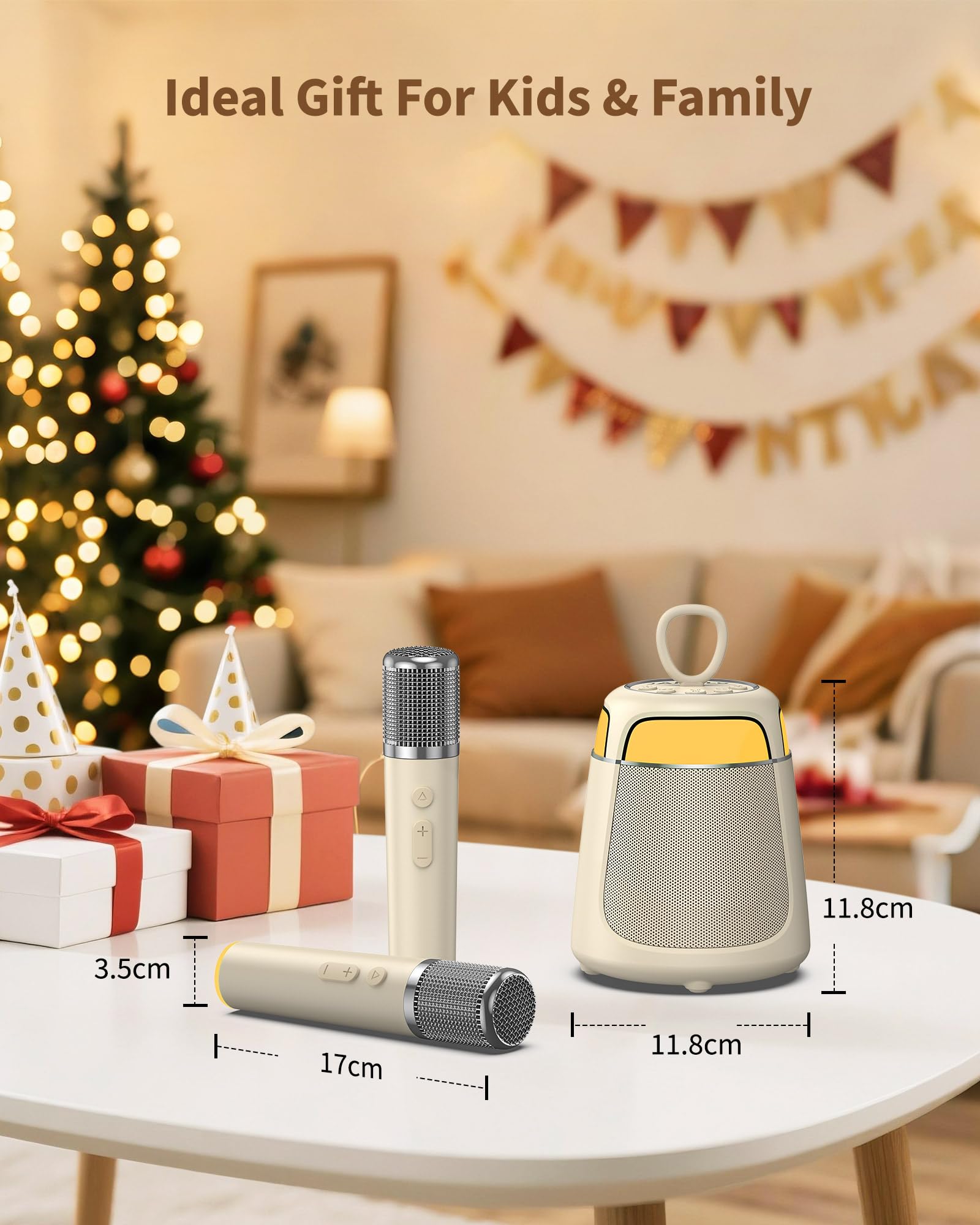 JAMELO Máquina de karaoke con 2 micrófonos, sistema de karaoke 2 en 1, versión premium, altavoz de karaoke inalámbrico portátil de 10 W con luces LED, 5 voces divertidas, regalos para la familia