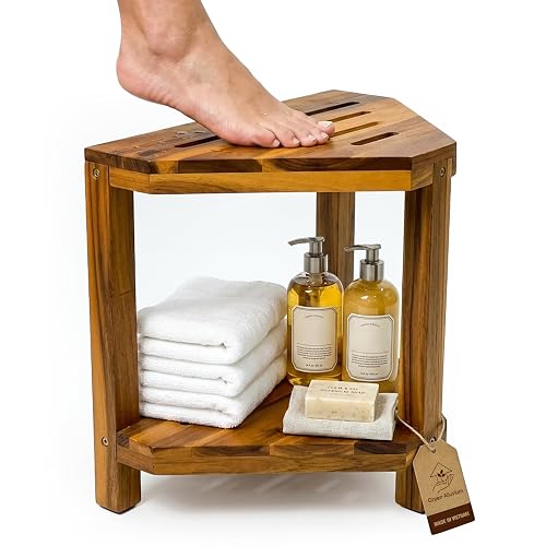 20" Corner Shower Stool for Inside Shower, Acacia Wood Shower