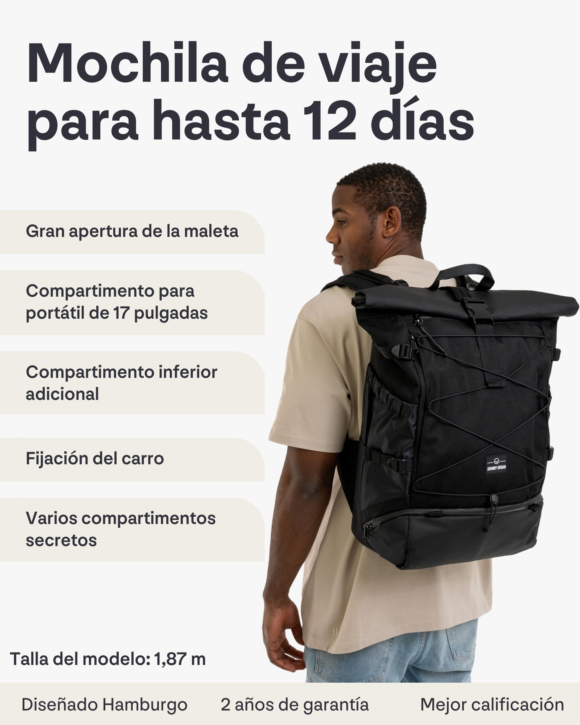 Johnny Urban Mochila de Viaje Mujeres y Hombres - Allen Travel L - 37L Rolltop Backpack Large - Bolsa Ideal para Viajes Senderismo Excursiones - Repelente al Agua