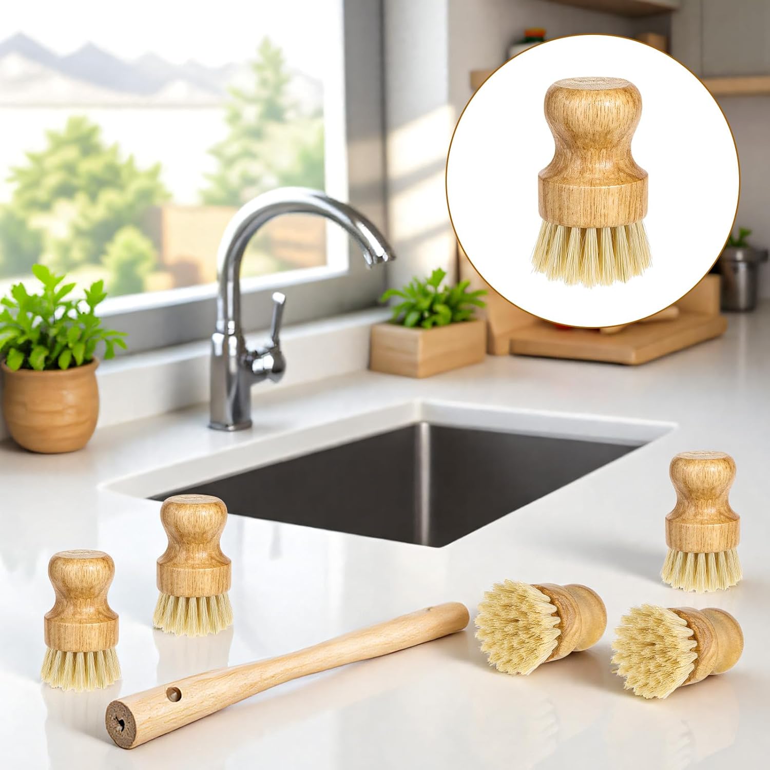 18 Pcs Bamboo Dish Scrub Brushes Kitchen Dishwashing Cleaning Brush Wooden Scrubbers Set Sisal Bristles Cleaner Scrubber for Washing Cast Iron Pan Pot Sink Spatula (18, Yellow)