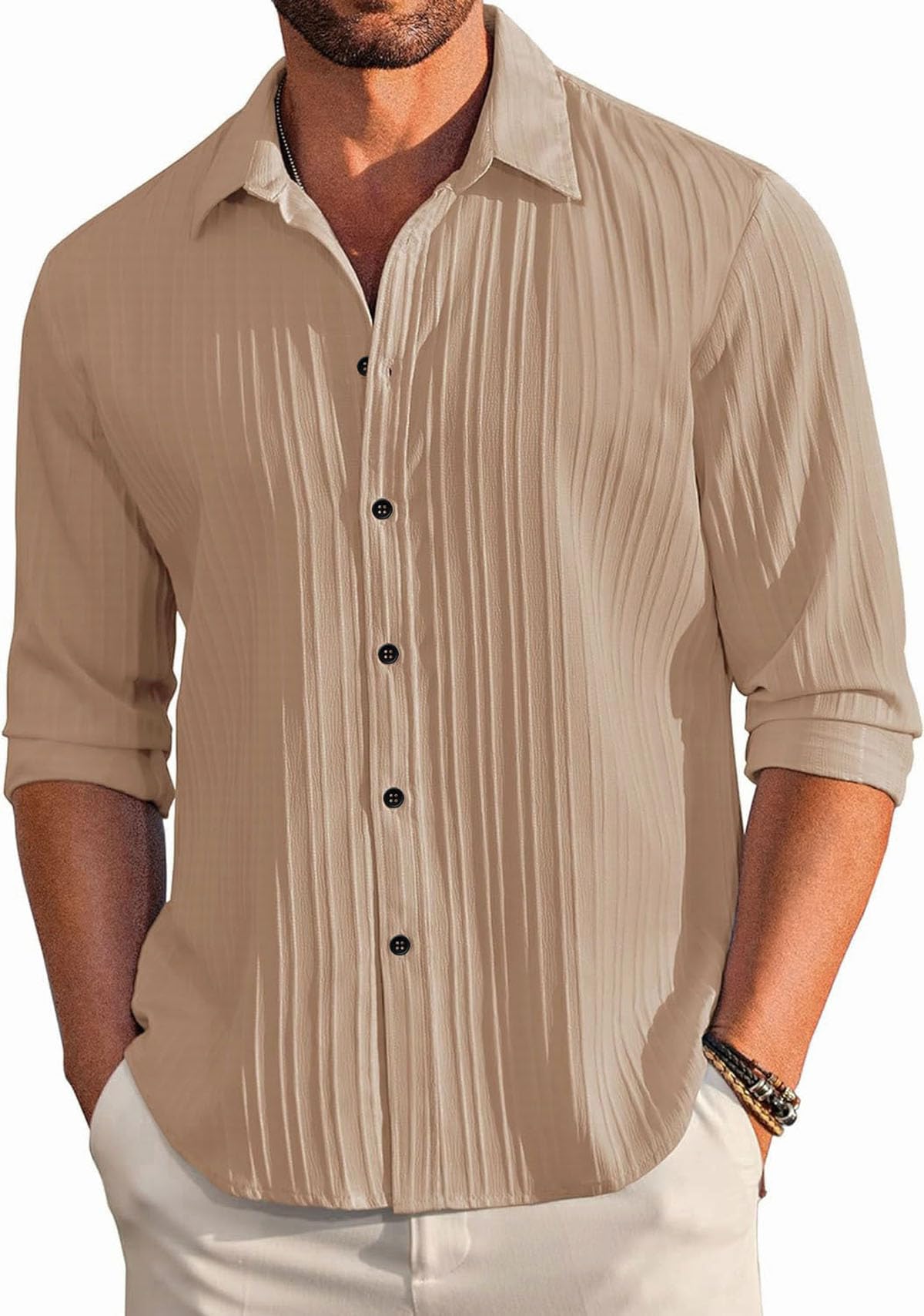 DEELMO Men's Casual Button Down Shirts Long Sleeve Linen Shirt Fashion Textur...