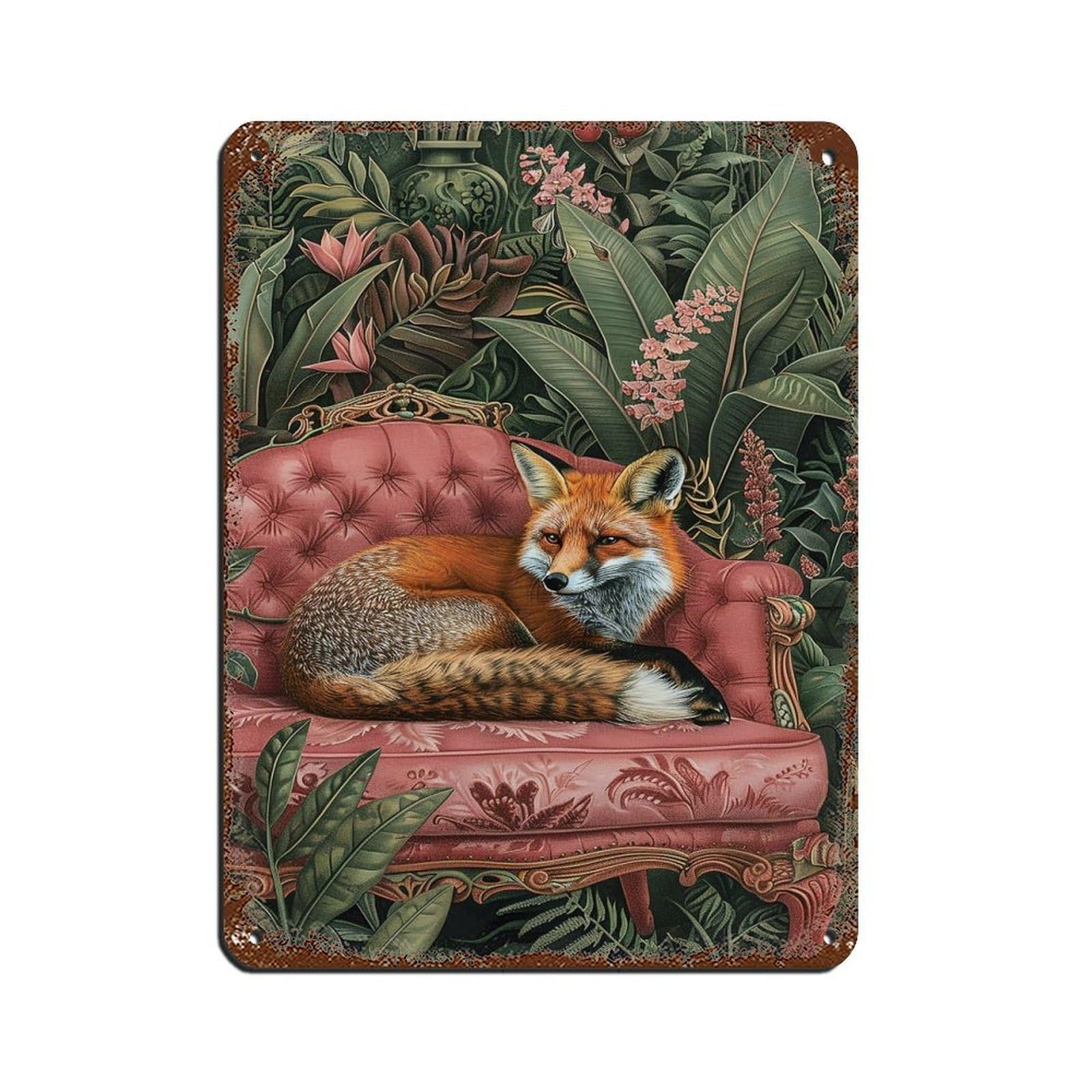 Lxwnze 30L X 40W Cm Tropical Fox On Sofa Poster Tin Sign Vintage Metal Pub Club Cafe Bar Home Wall Art Decoration Poster Retro 12X16inch(30X40cm)
