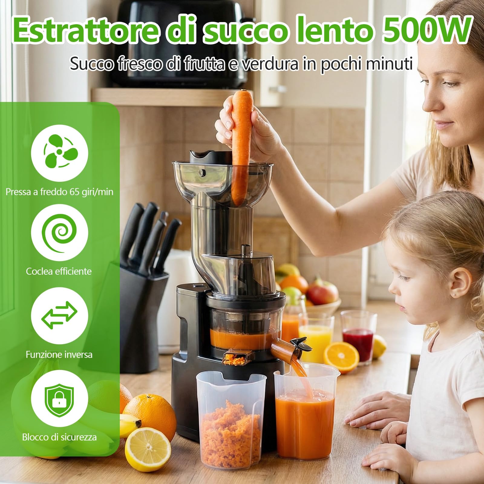 Estrattore Frutta e Verdura,Slow Juicer con Ampio Bocca da 98MM, Spremiagrumi Elettrico Professionale 500W con Funzione di Inversione,Tasso di estrazione fino al 98%, Estrattore di Succo