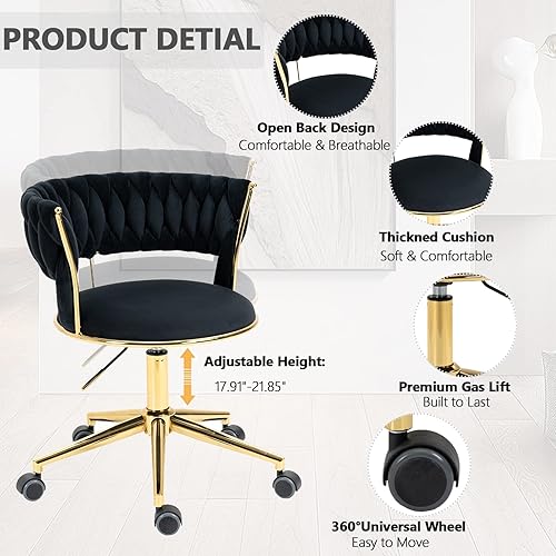 Miniatura 3 de Silla moderna de terciopelo para la oficina en casa, silla de escritorio tapizada con respaldo tejido copetudo y patas de metal dorado, silla