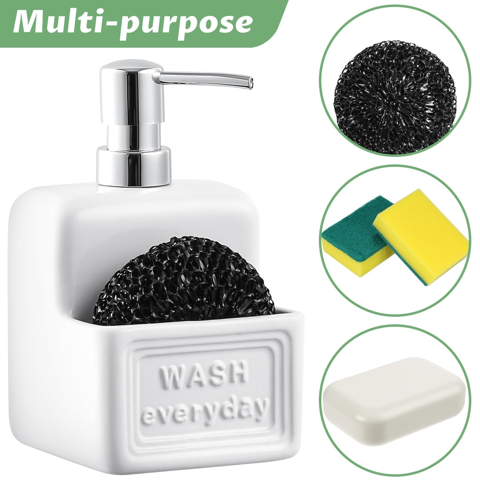 Dispensador de jabón de cerámica con Soporte para Esponja, dispensador de jabón líquido, 420 ml, dispensador de jabón con Bomba para el Cuarto de baño, la Cocina y el lavadero