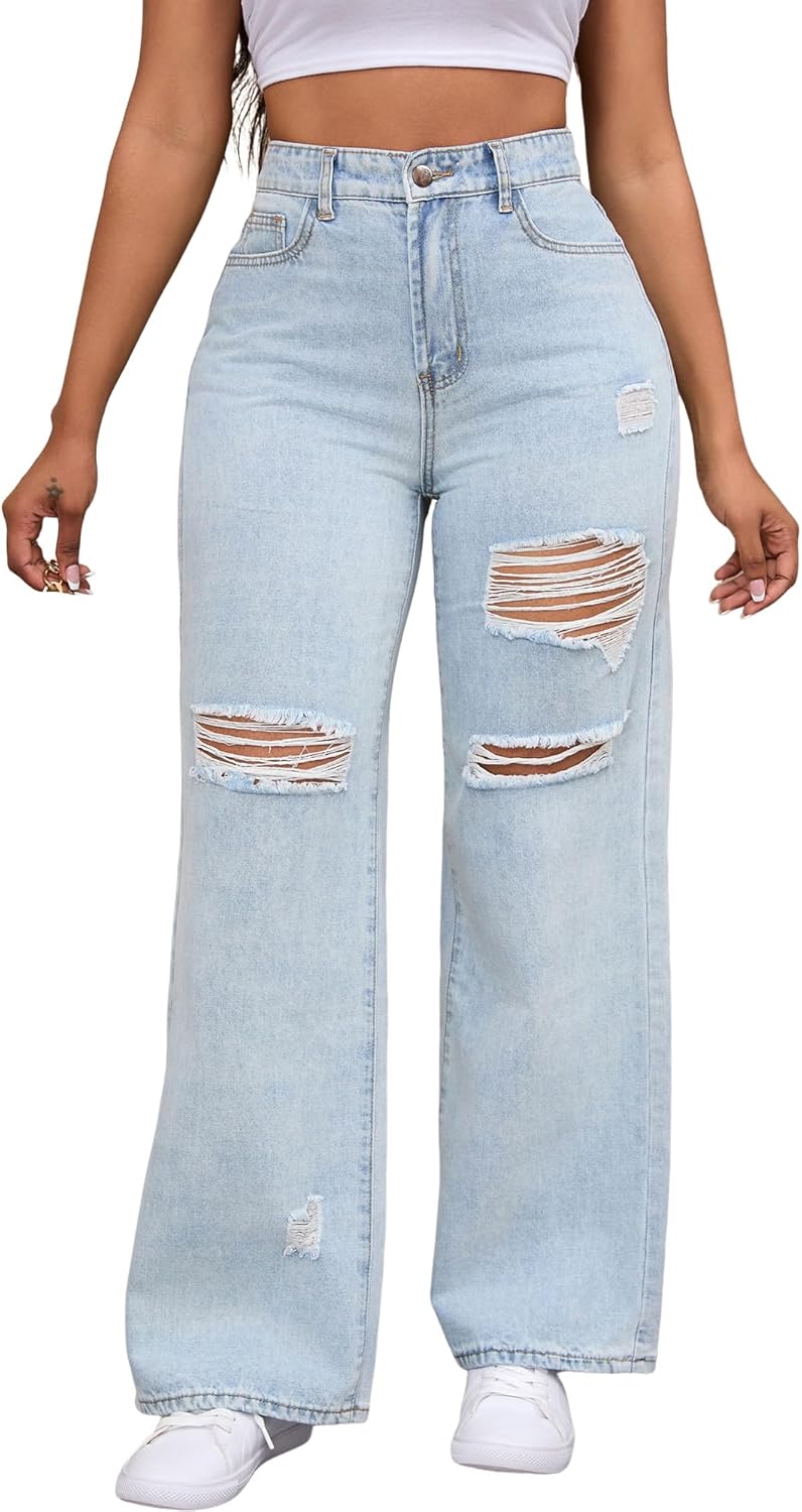 THUNDER STAR Womens High Waisted Wide Leg Jeans Stretchy Distressed Denim Pants - Image 5