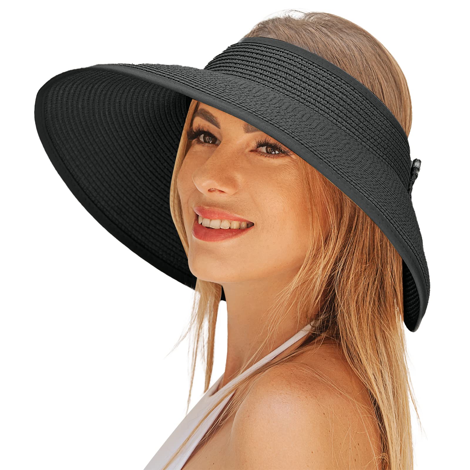 Sun Visor Hats for Women, Wide Brim Straw Sun Hats Topless Roll Up Adjustable Beach Hat for Beach Travel Holiday
