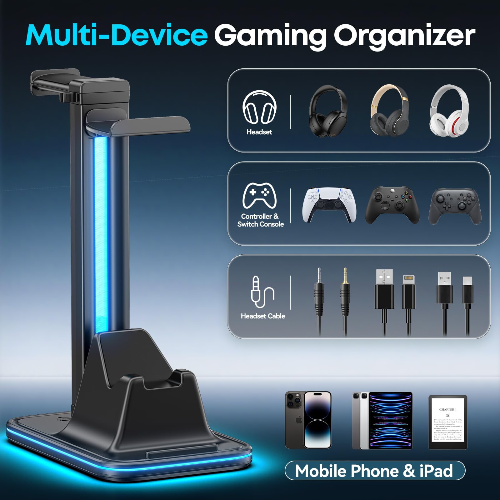 Supporto per cuffie e controller 4 in 1 per scrivania, supporto per cuffie rotante a 360° con supporto per telefono, 10 modalità RGB per accessori da gioco Mesa Gamer, P5/SW/Xbx Levitating Gaming