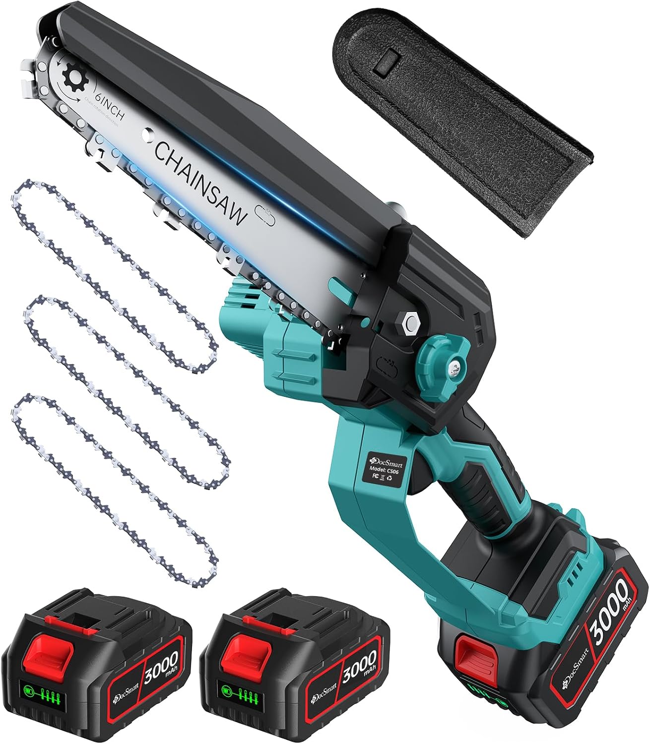 DOCSMART 6-inch cordless mini chainsaw with 1000W brushless motor, a powerful electric handheld saw featuring 2x3000mAh batteries for efficient wood cutting and garden pruning.