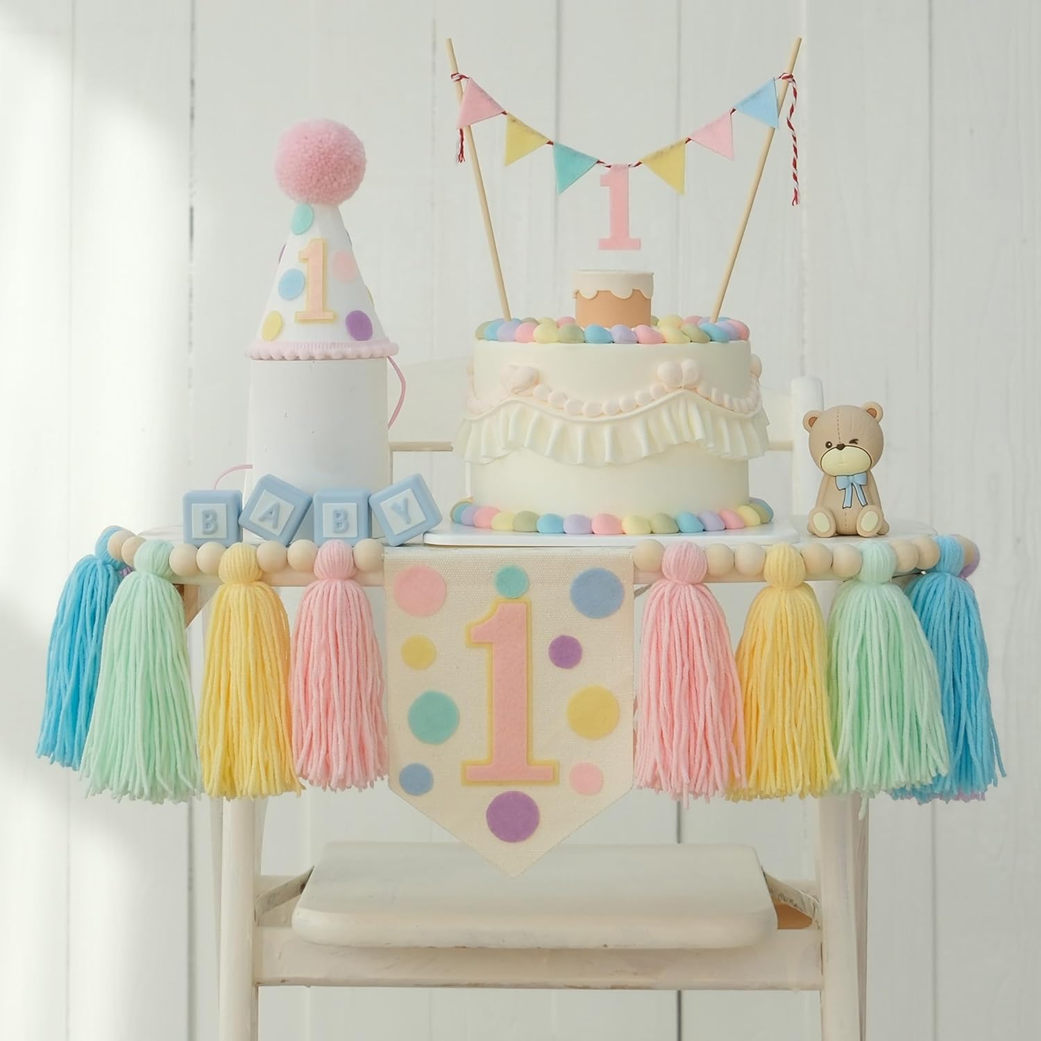 Macaron Pastel Dot 1st High Chair Banner Conical Cap Colourful Macaron Cake Topper for Boys Girls Birthday Party Decorations
